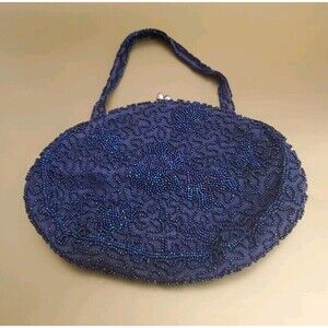 Hutzler’s Vtg. Baltimore Blue Beaded Mini Handbag Purse Kiss Lock Belgium 8x6”